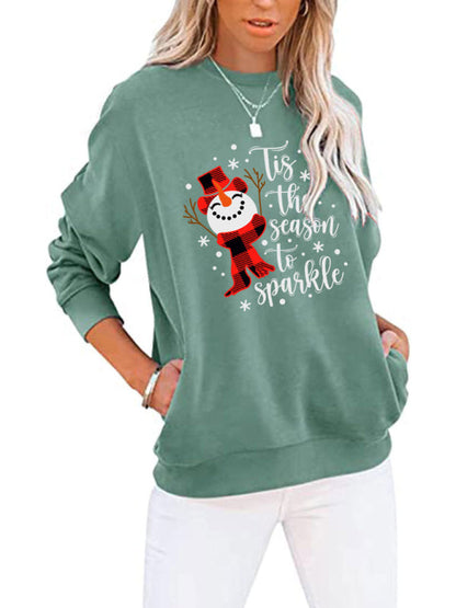 Women’s Christmas Snowman Crew Neck Long Sleeve Sweatshirt with Pockets in 4 Colors S-XXL - Wazzi's Wear