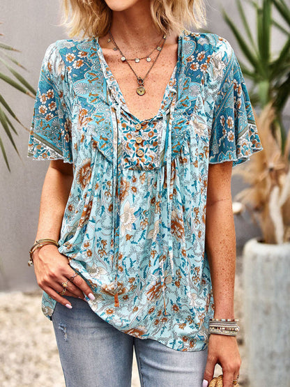 Flavia® | V-Ausschnitt Kurzarm Boho Kurzarm Top