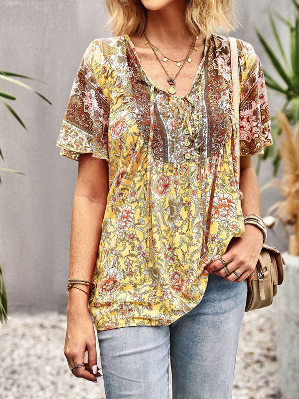 Flavia® | V-Ausschnitt Kurzarm Boho Kurzarm Top