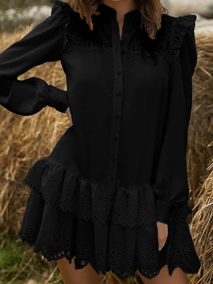 Sexy Hollow Lace Fashion Shirt Dress Black clothes dress dresses long sleeve dresses short dresses