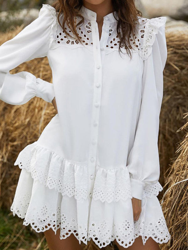 Sexy Hollow Lace Fashion Shirt Dress White clothes dress dresses long sleeve dresses short dresses