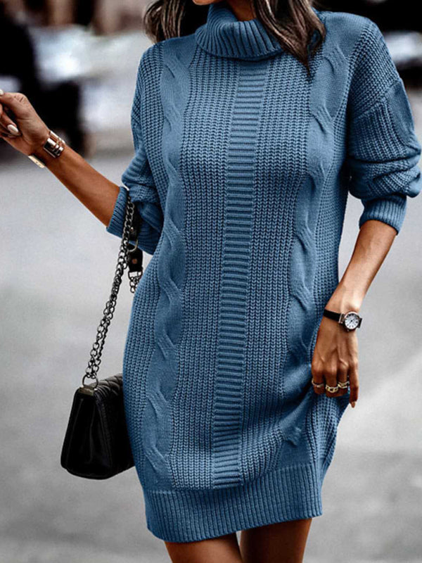 Women's Mid-Length Turtleneck Long Sleeve Sweater Dress in 5 Colors S-XL - Wazzi's Wear