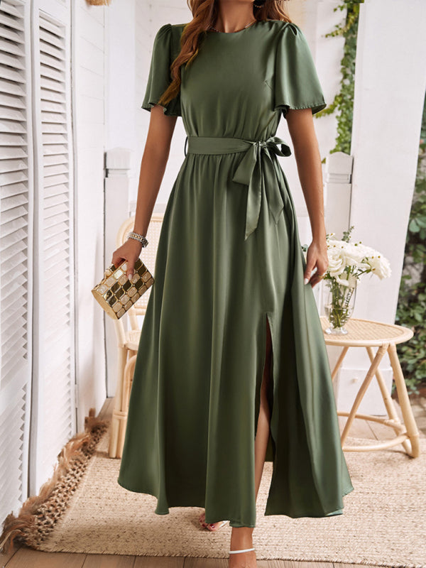 Meredith® | Formal Kurzärmeliges Maxikleid mit Beinschlitz und Taillenband