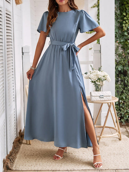 Meredith® | Formal Kurzärmeliges Maxikleid mit Beinschlitz und Taillenband