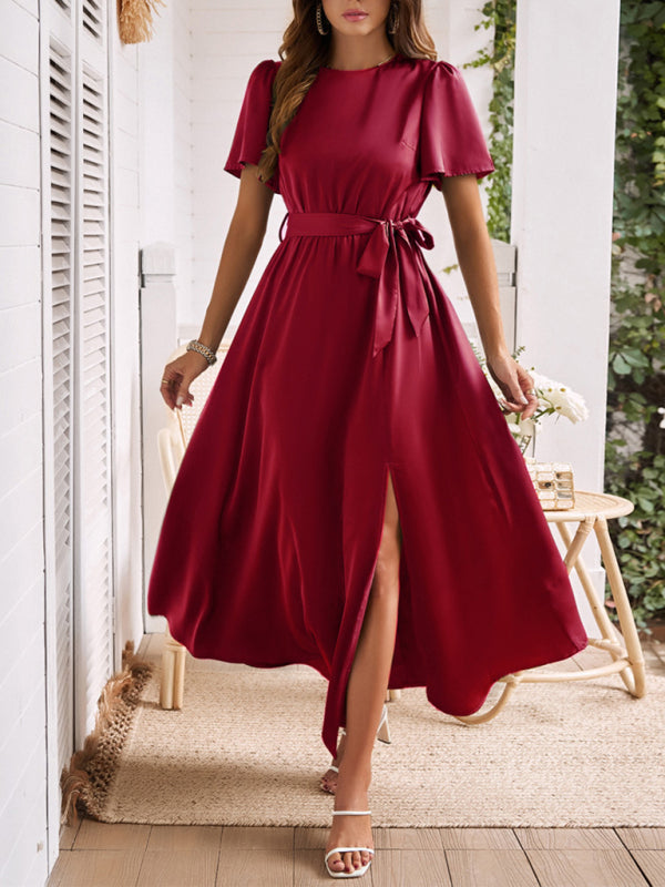 Meredith® | Formal Kurzärmeliges Maxikleid mit Beinschlitz und Taillenband