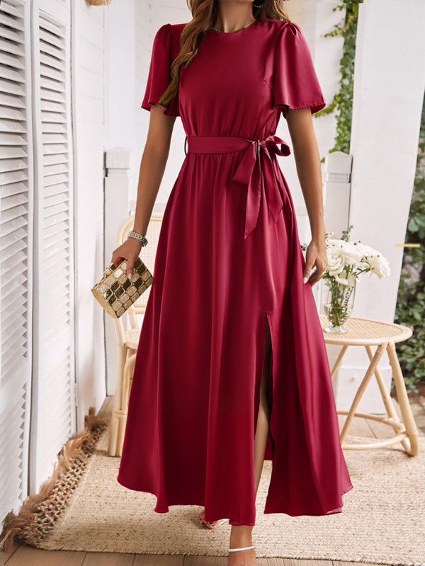 Meredith® | Formal Kurzärmeliges Maxikleid mit Beinschlitz und Taillenband