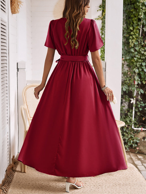 Meredith® | Formal Kurzärmeliges Maxikleid mit Beinschlitz und Taillenband