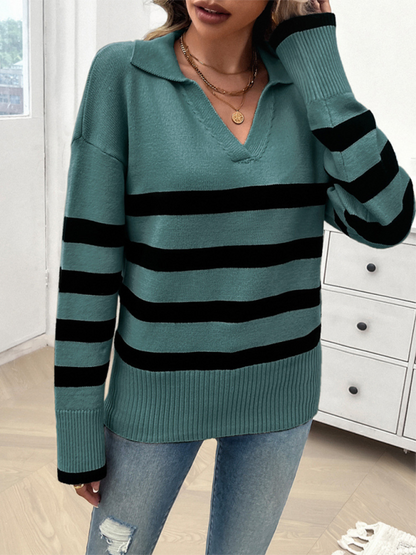 Women's V-Neck Striped Long Sleeve Sweater with Lapel