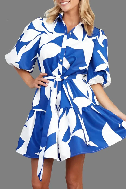 Ingvn - Casual Geometric Print Bandage Turndown Collar A Line Dresses Dresses/Casual