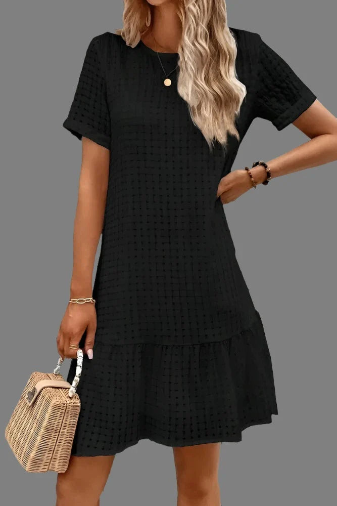 Ingvn - Casual Simplicity Solid Hollowed Out O Neck A Line Short Sleeve Dress Dresses/Short