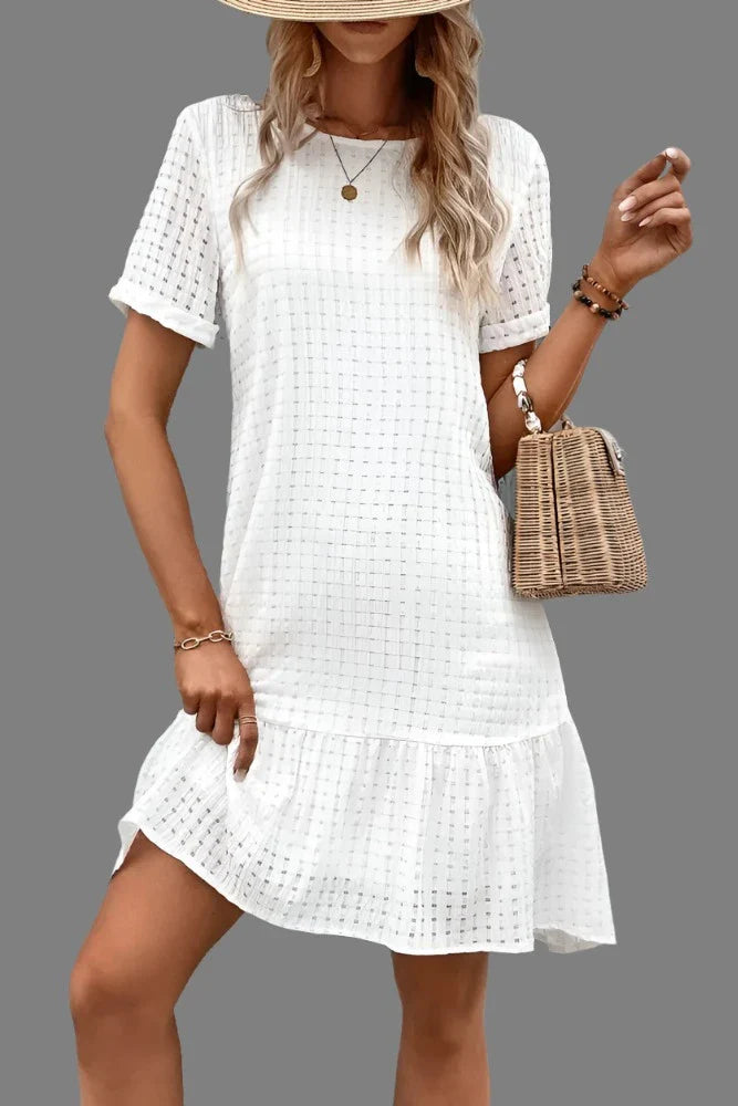 Ingvn - Casual Simplicity Solid Hollowed Out O Neck A Line Short Sleeve Dress Dresses/Short