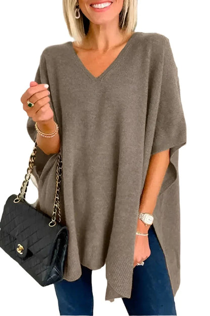 Ingvn - Casual Simplicity Solid Slit V Neck Tops Dark Gray / S Tops/Sweaters & Cardigans