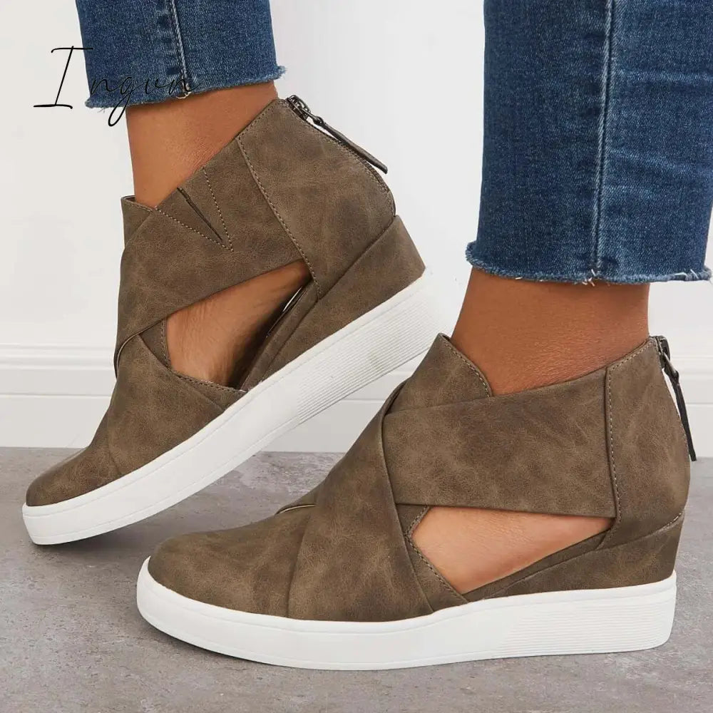 Ingvn - Casual Wedge Sneakers Platform Crisscross Cut Out Shoes