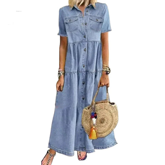 Ingvn - Plus Size 3Xl Women Summer Denim Dress Retro Short Sleeve Turn Down Collar Pockets Button