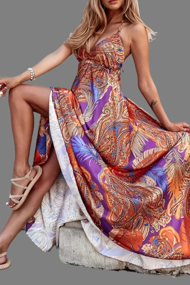 Ingvn - Sexy Bohemian Geometric Print Backless V Neck Sling Dress Dresses Dresses/Boho