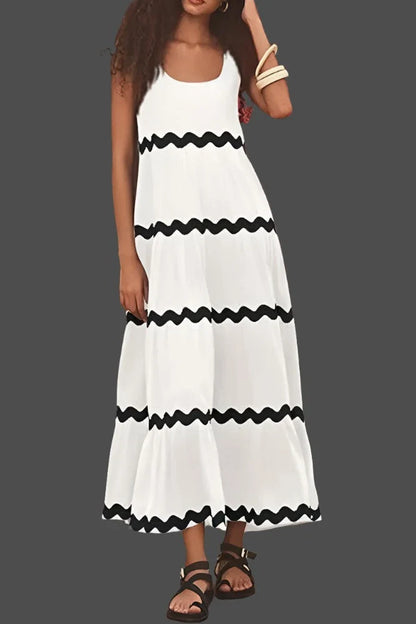 Ingvn - Sexy Simplicity Print Ripple Contrast U Neck Sleeveless Dress Dresses White / S