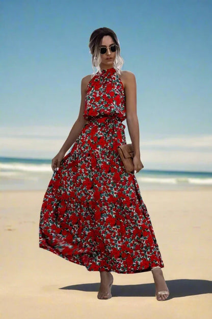 Ingvn - Summer Elegant Beach Women Dress Long Print Flowers Polka - Dot Strap Ladies Halter Boho