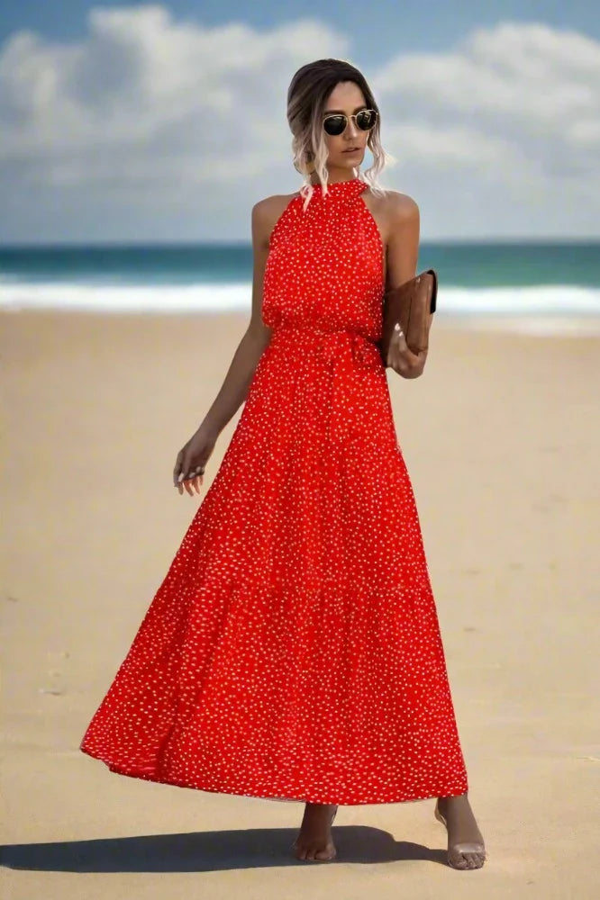 Ingvn - Summer Elegant Beach Women Dress Long Print Flowers Polka - Dot Strap Ladies Halter Boho