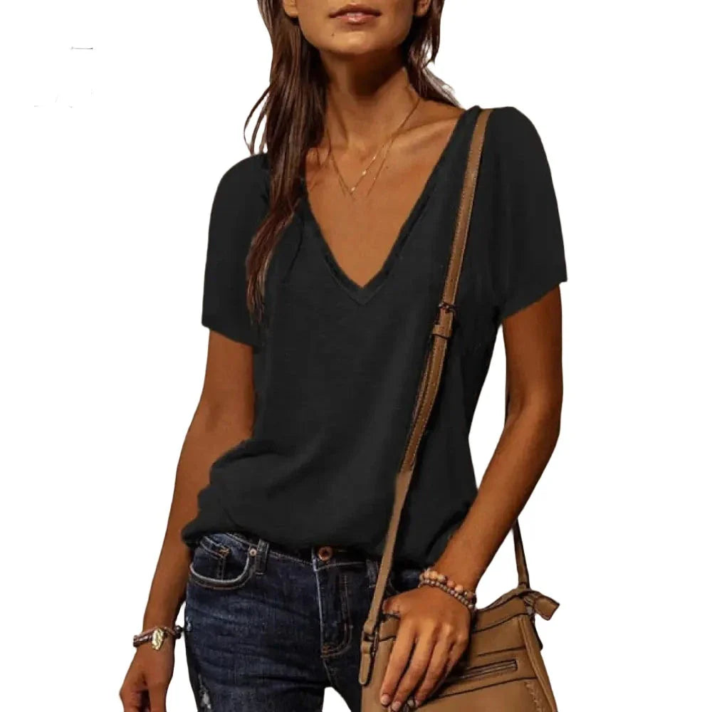 Ingvn - Summer Shirts For Women Fashion V Neck Patchwork Loose T Shirt Female Short Sleeve Top