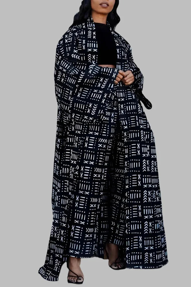 Ingvn - White Casual Street Print Patchwork Cardigan Collar Plus Size Overcoat Blue / L Plus Size