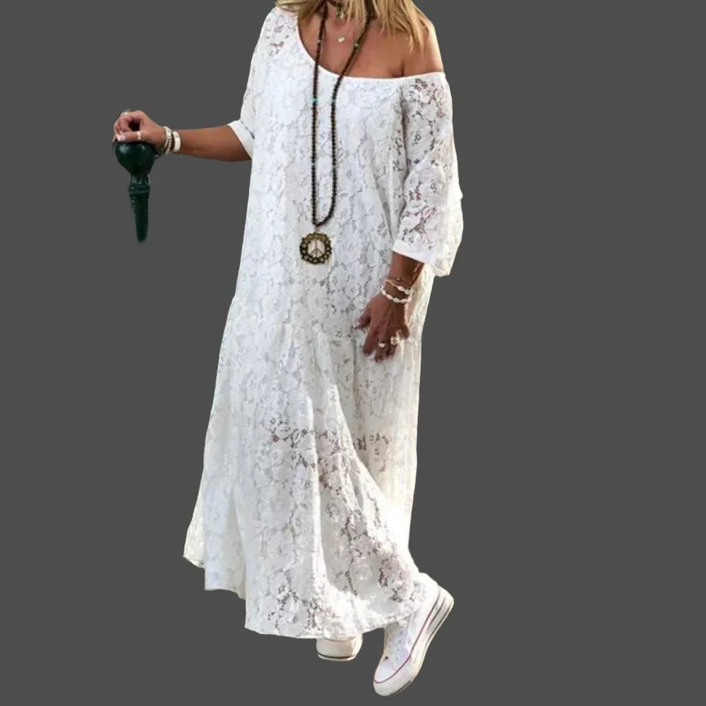 Ingvn - Women Lace Crochet Maxi Long Dress Summer 3/4 Sleeve Party Vestido Robe Femme Bohemian