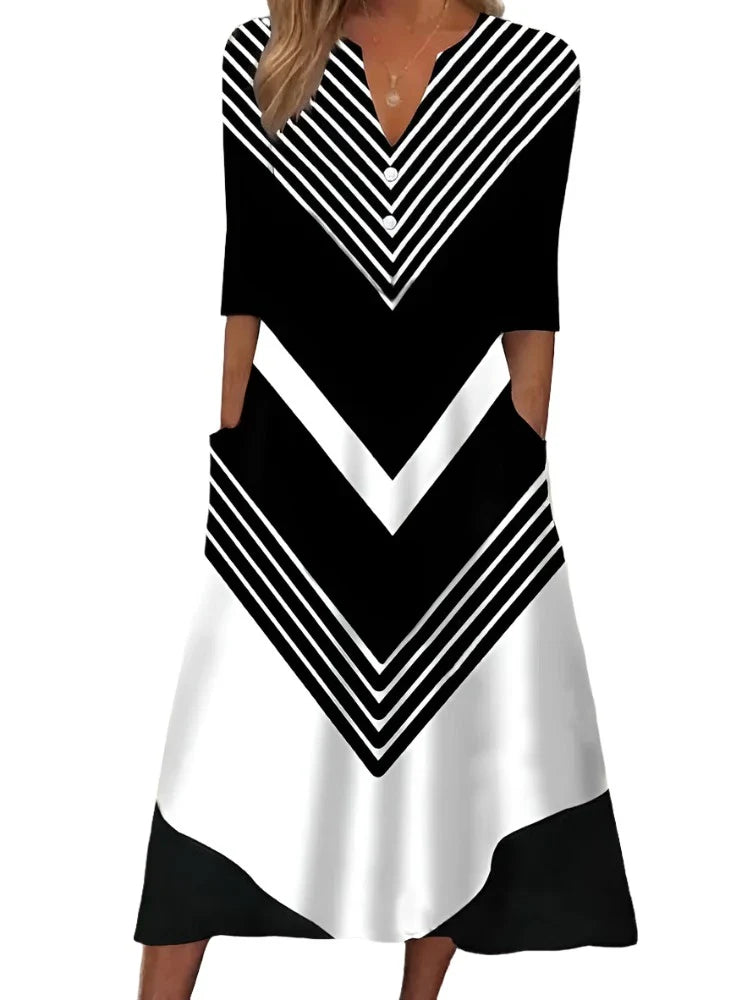 Ingvn - Women’s Casual Dress Shift Midi Black And White Stripes Green Dark Blue Half Sleeve Color