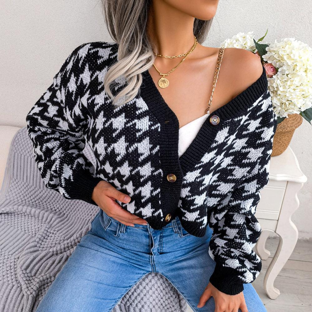 Ins Casual Lantern Long Sleeve Thousand Bird Check Cardigan Sweater - Trendha