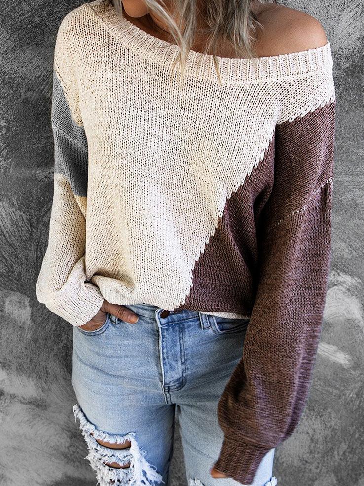 Women's Sweater Irregular Color Matching Off-Shoulder Sweater - LuckyFash™