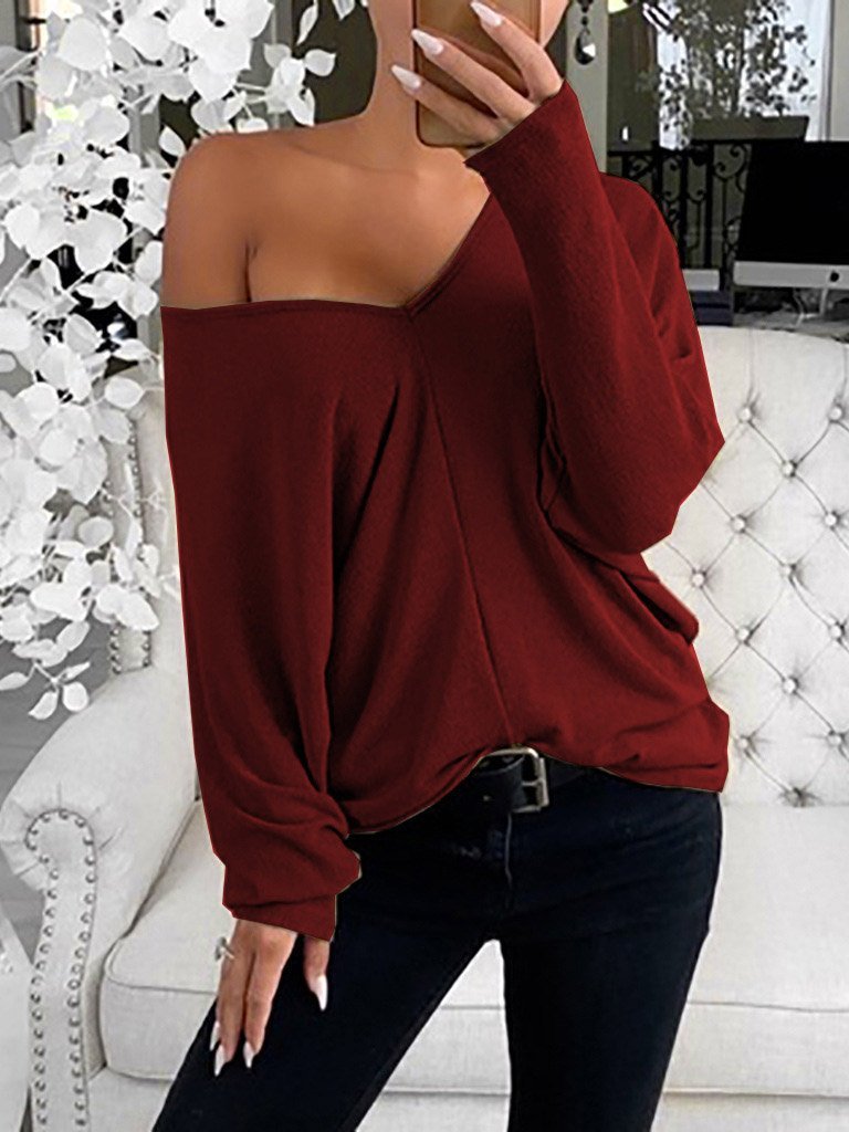 INS Women's Simple V-Neck Off-Shoulder Long Sleeve T-Shirt - T-Shirts - INS | Online Fashion Free Shipping Clothing, Dresses, Tops, Shoes - 03/08/2021 - 10-20 - Category_T-Shirts