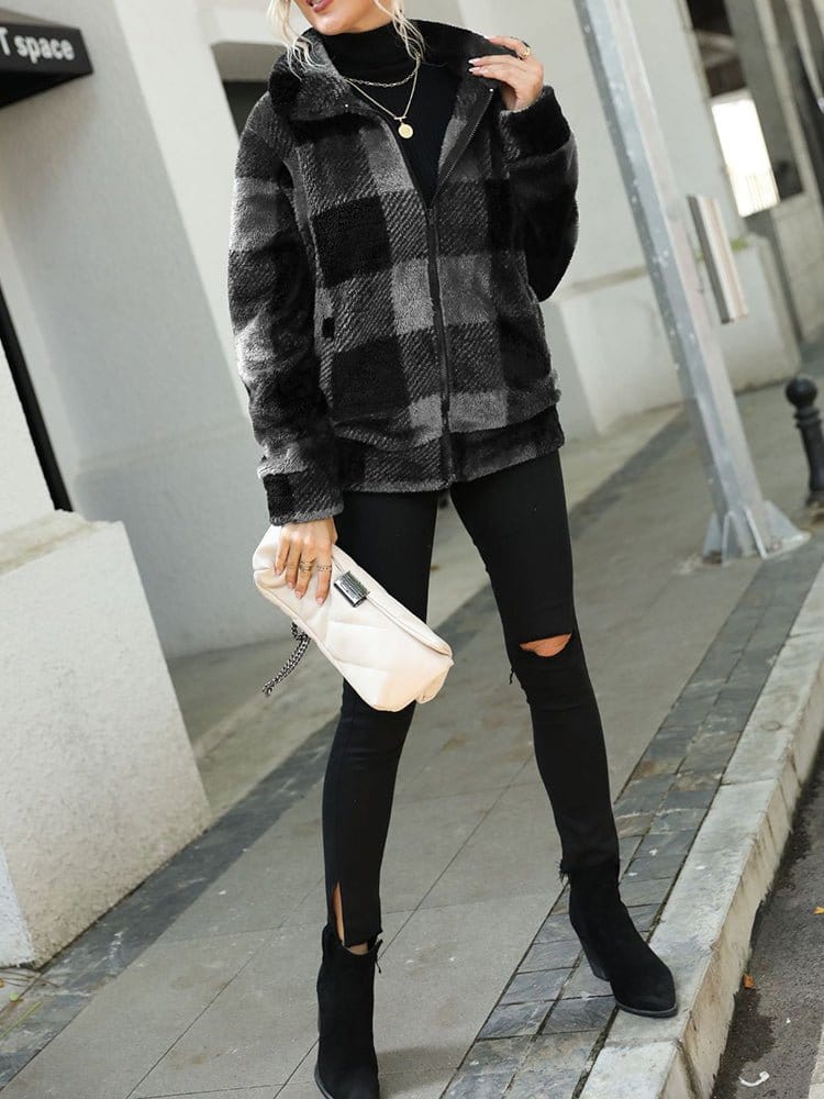 Jackets - Double-Face Fleece Collar Plaid Jacket - MsDressly