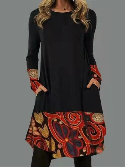 Women's Casual Dress T Shirt Dress Tee Dress Ethnic Dress Mini Dress Black Light Green Pink Long Sleeve Floral Pocket Winter Fall Spring Crew Neck Basic Winter Dress Daily Vacation 2023 S M L XL XXL - LuckyFash™