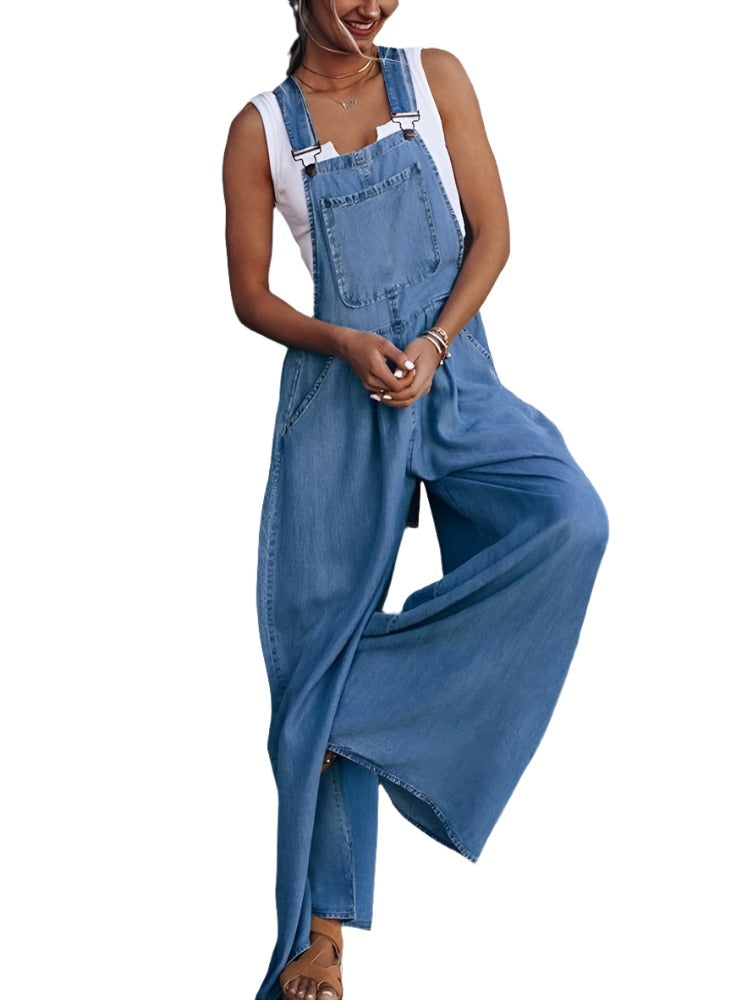 Women’s Popular Side Pocket Sleeveless Casual Denim Overalls