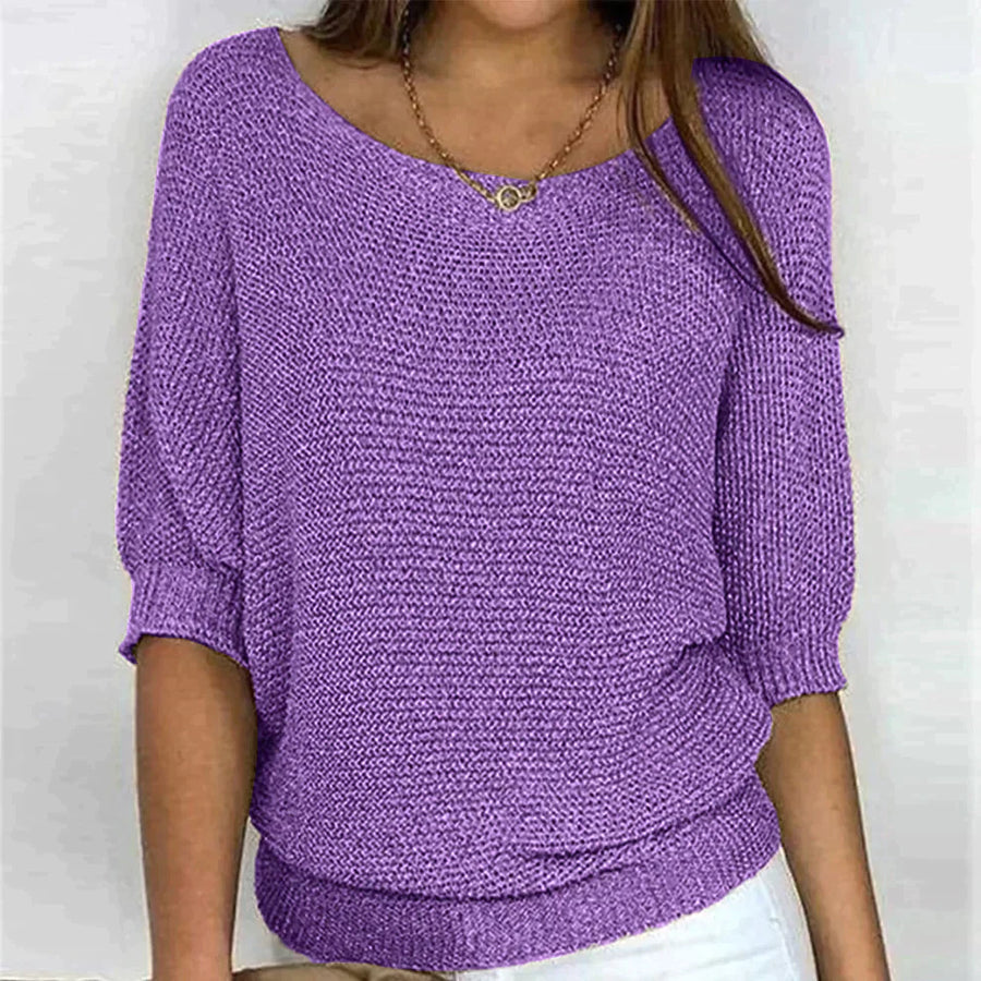 Solid Color Round Neck Sweater Blue