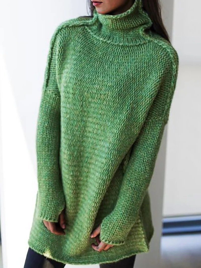 Solid Color Turtleneck Long Sleeve Pullover green