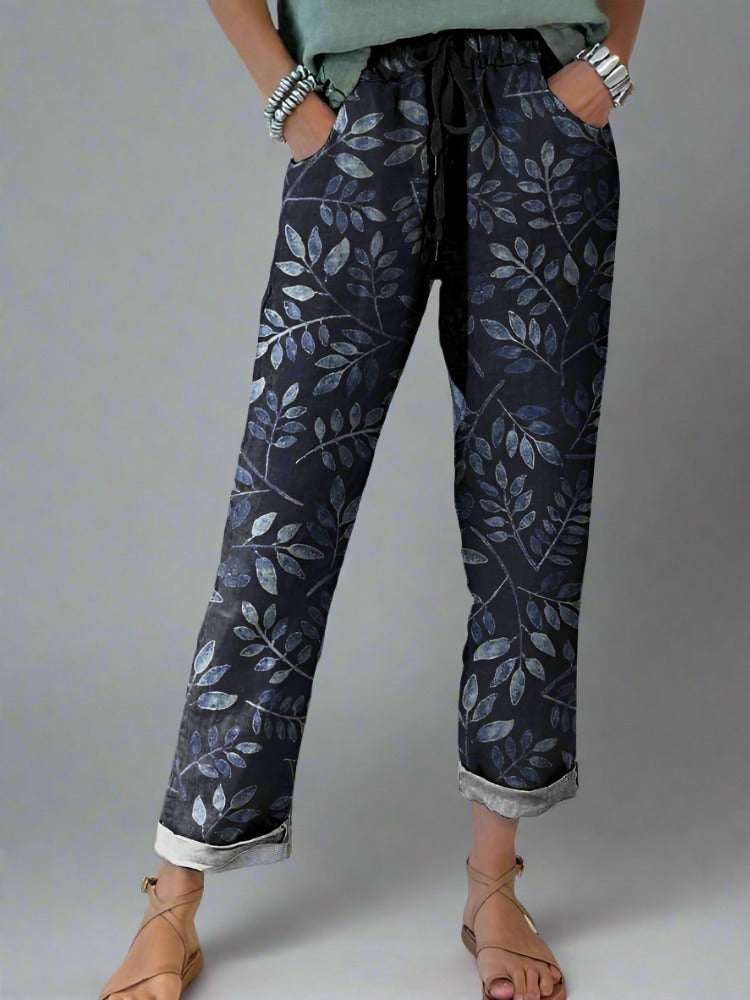 Women’s Vintage Leaves Floral Printed Cotton And Linen Casual Pants