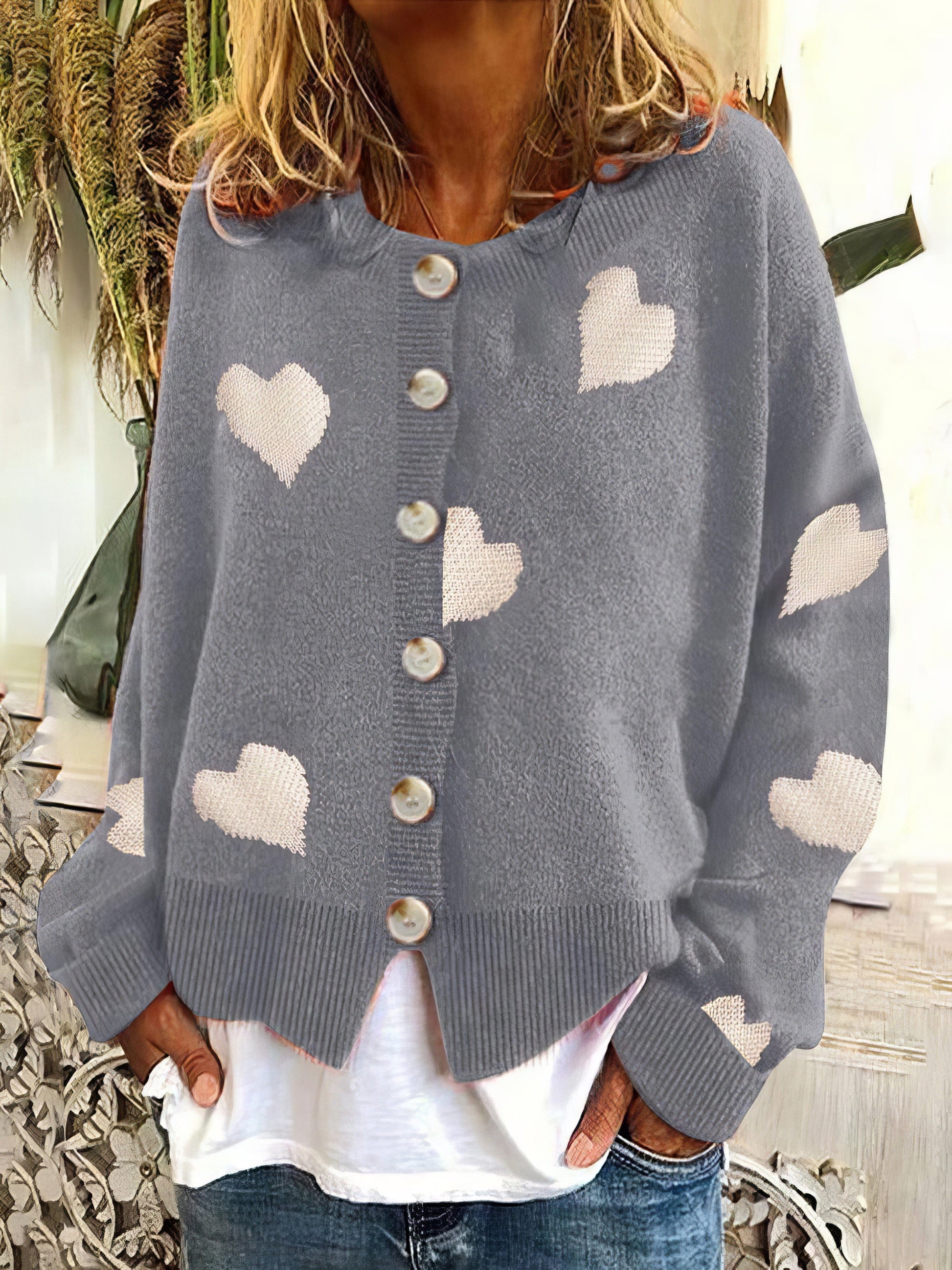 Knit Single-Breasted Heart Cardigan Sweater -Bishop