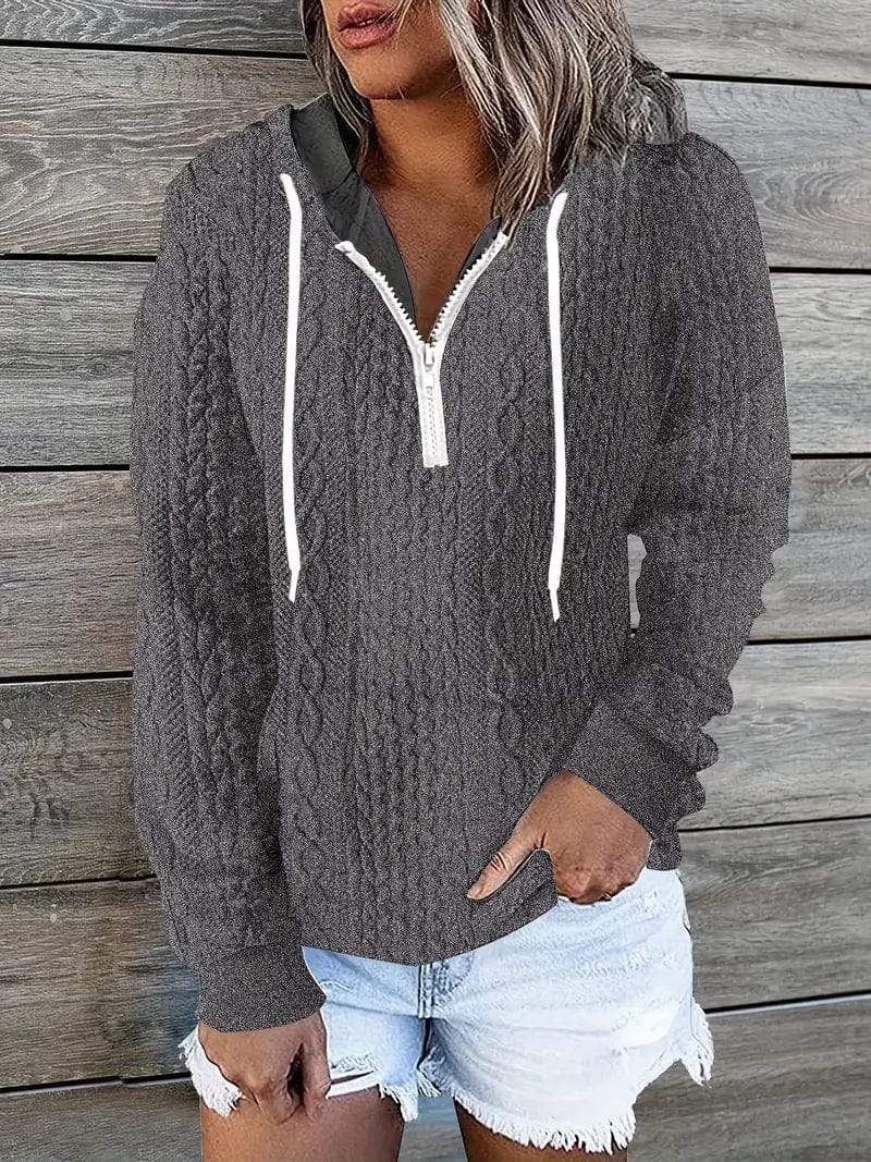 Knitted Quarter-Zip Hooded Sweater with Drawstring, Comfortable Long Sleeve Women's Hoodie