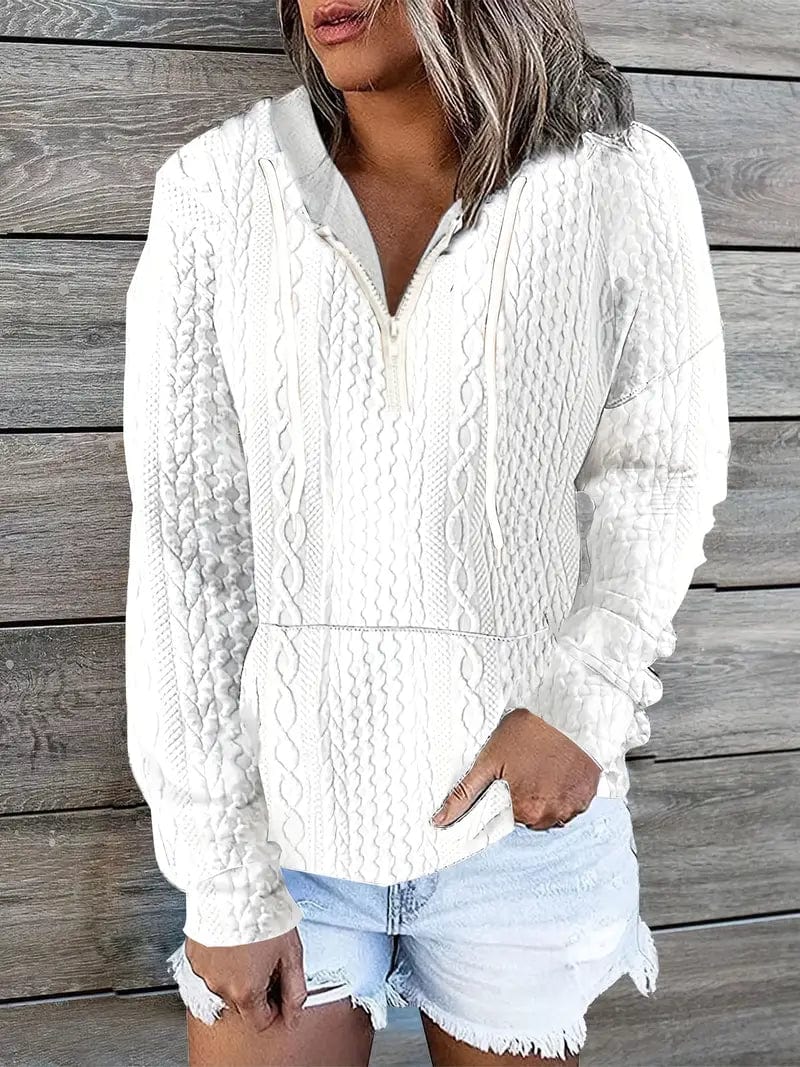 Knitted Quarter-Zip Hooded Sweater with Drawstring, Comfortable Long Sleeve Women's Hoodie