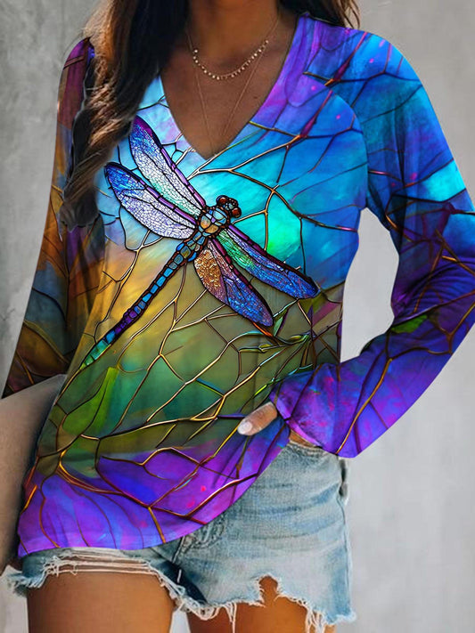 Freya® | Women's Dragonfly Print V-Ausschnitt Langarmshirt