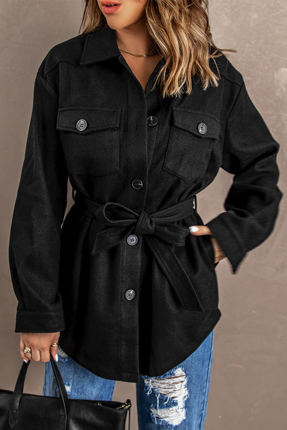 Lapel Button-Down Coat With Chest Pockets - Coats - Sunny Angela