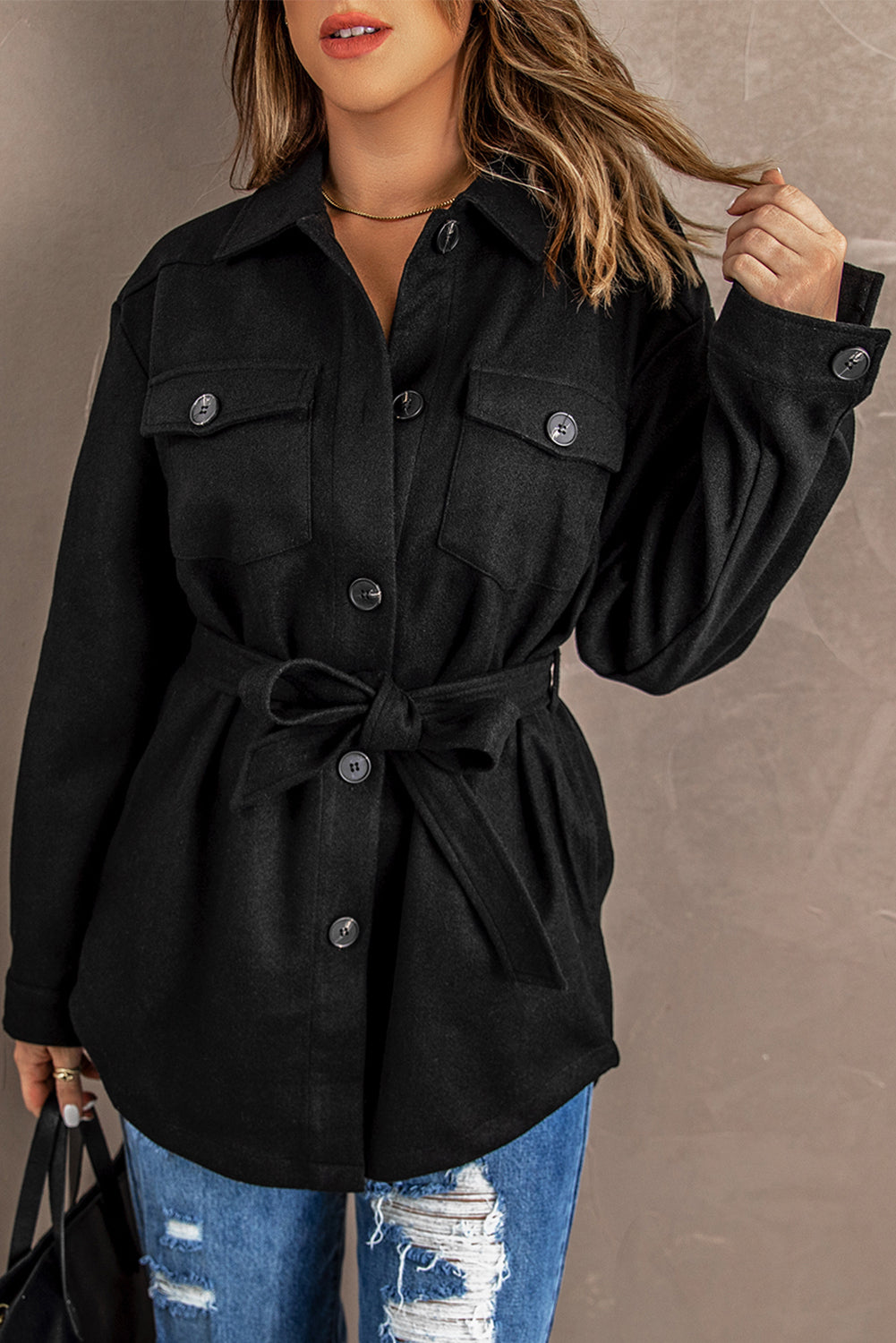 Lapel Button-Down Coat With Chest Pockets - Coats - Sunny Angela