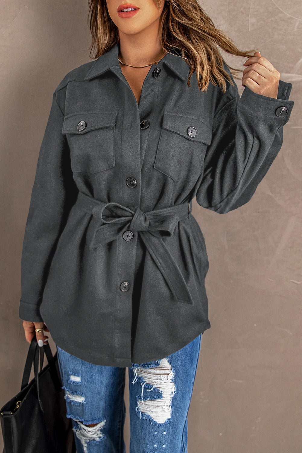 Lapel Button-Down Coat With Chest Pockets - Coats - Sunny Angela