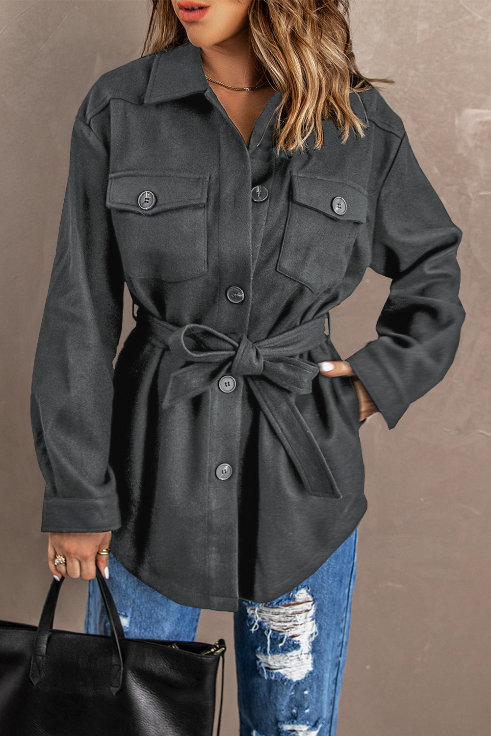 Lapel Button-Down Coat With Chest Pockets - Coats - Sunny Angela