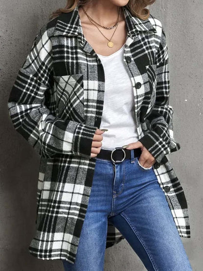 Lapel Collar Single Breasted Loose Plaid Wool Coat