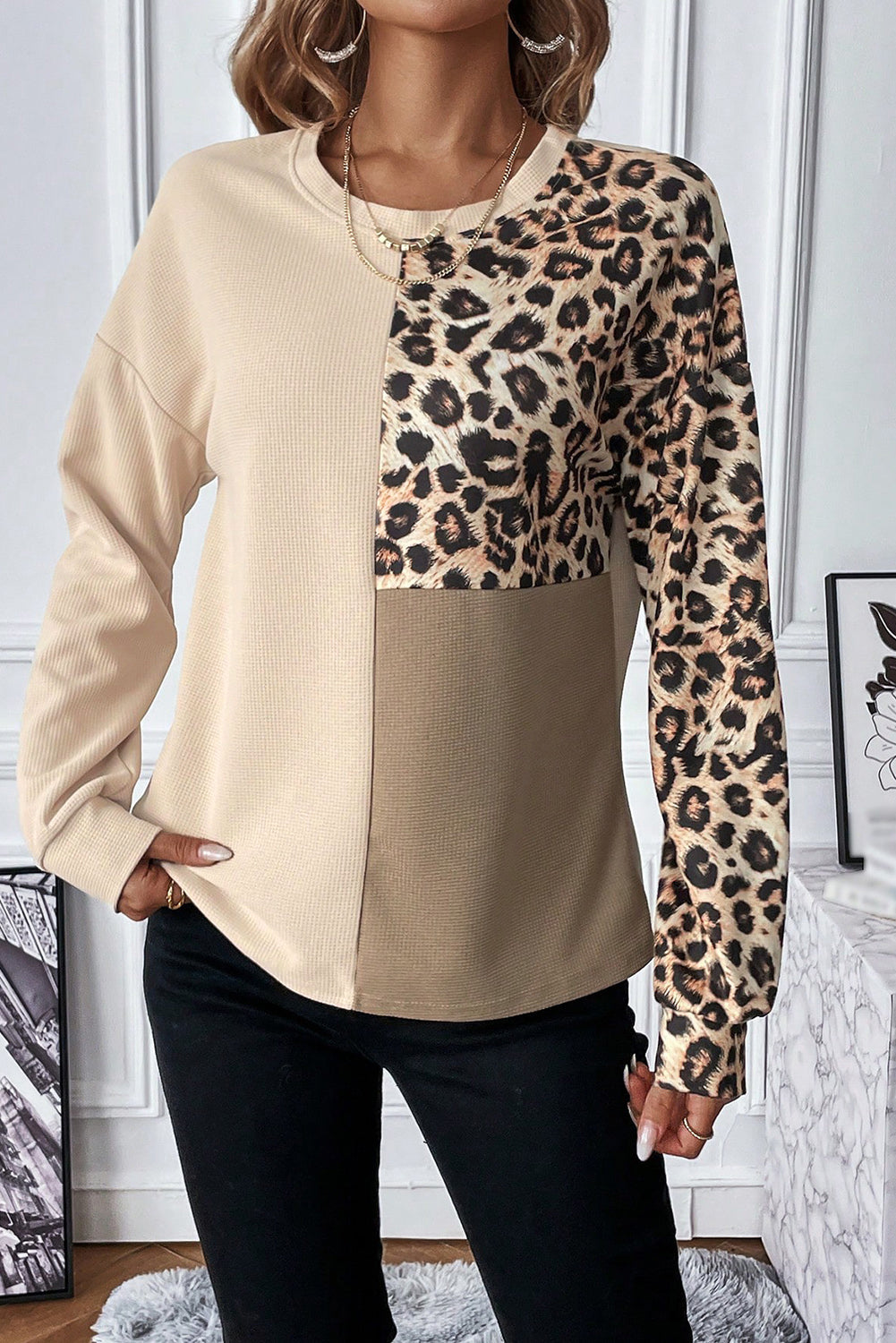 Leopard Colorblock Waffle Knit Top - Long Sleeve Tops - Sunny Angela