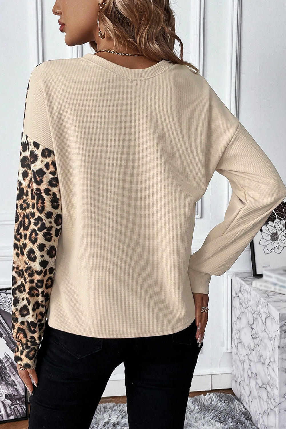 Leopard Colorblock Waffle Knit Top - Long Sleeve Tops - Sunny Angela