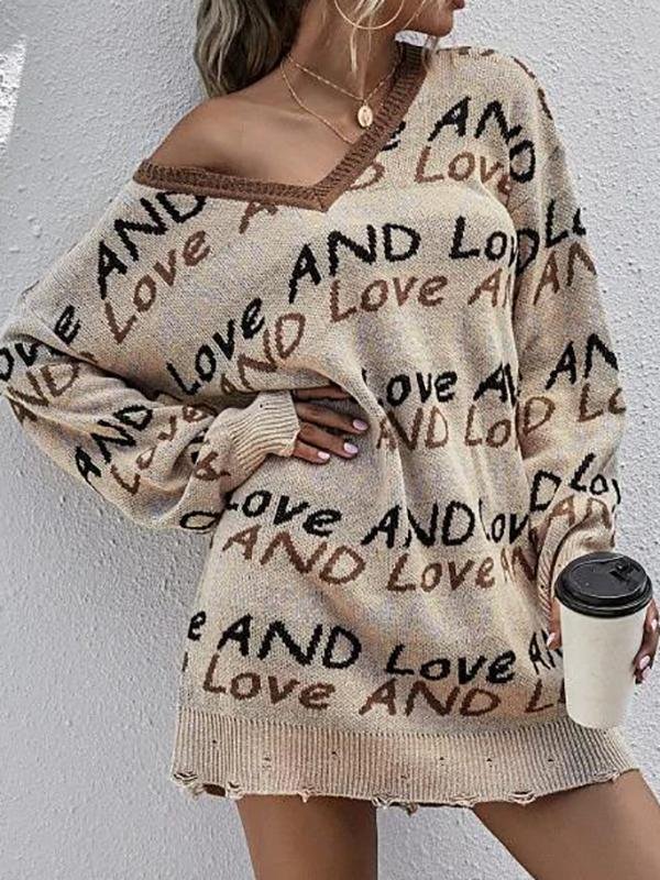 Lettering Graphic Distressed V Neck Sweater Dress - LuckyFash™