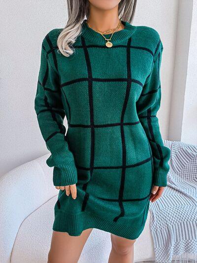 LGC Plaid Round Neck Dropped Shoulder Sweater Dress - Le Grand Chevalier Le Grand Chevalier Trendsi Dresses