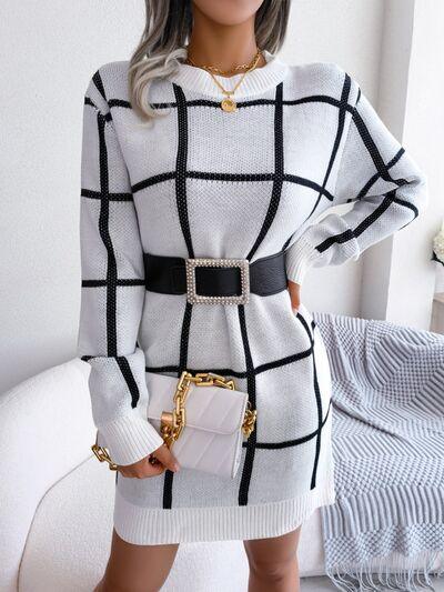 LGC Plaid Round Neck Dropped Shoulder Sweater Dress - Le Grand Chevalier Le Grand Chevalier Trendsi Dresses