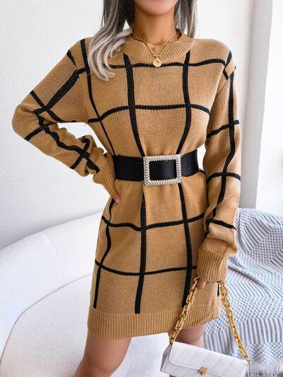 LGC Plaid Round Neck Dropped Shoulder Sweater Dress - Le Grand Chevalier Le Grand Chevalier Tan / S Trendsi Dresses